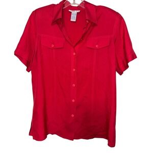Anna‎ and Frank Red 100% Silk Short Sleeve Button Front Shirt Women's Size M